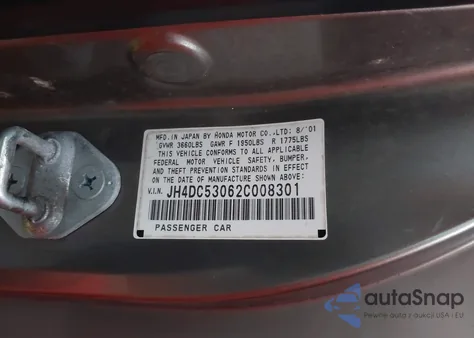 2002 Acura Rsx Type S z USA, uszkodzony, nr VIN JH4DC53062C008301